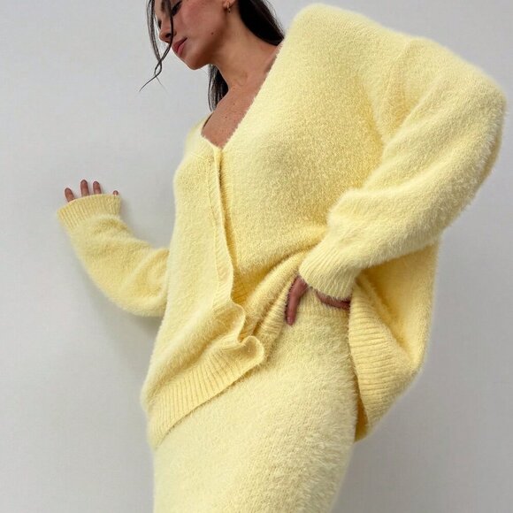 Yellow Casual Womens Oversized Long Sleeve Cardigan and Sweater Maxi Skirt set - Picture 10 of 10